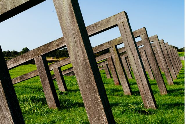Een rij van houten balken die de vorm van een hek hebben op het gras op Schokland in de Noordoostpolder.