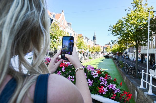 Jongedame maakt een foto met haar telefoon van een gracht in Delft in de zomer
