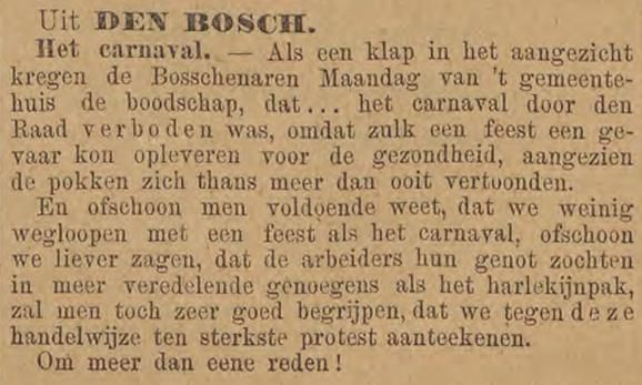 De Volkstribuun. Sociaal-Democratisch Weekblad voor Noord-Brabant en Limburg over het carnavalsverbod, 8 februari 1896