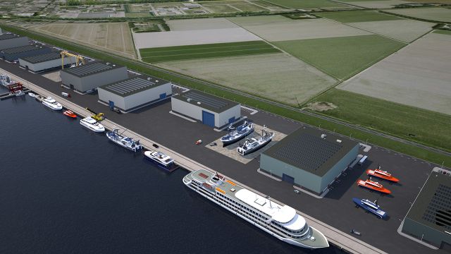 Een overzicht van industrieterrein met mogelijkheid tot het aanleggen van boten in Urk, Flevoland