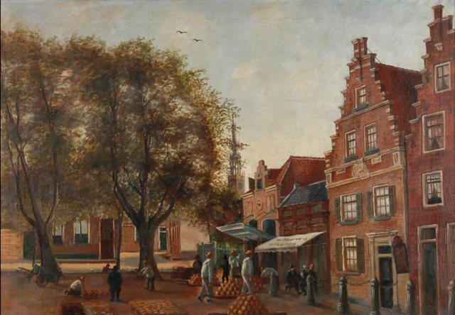 Een schilderij van de Kaasmarkt in Edam