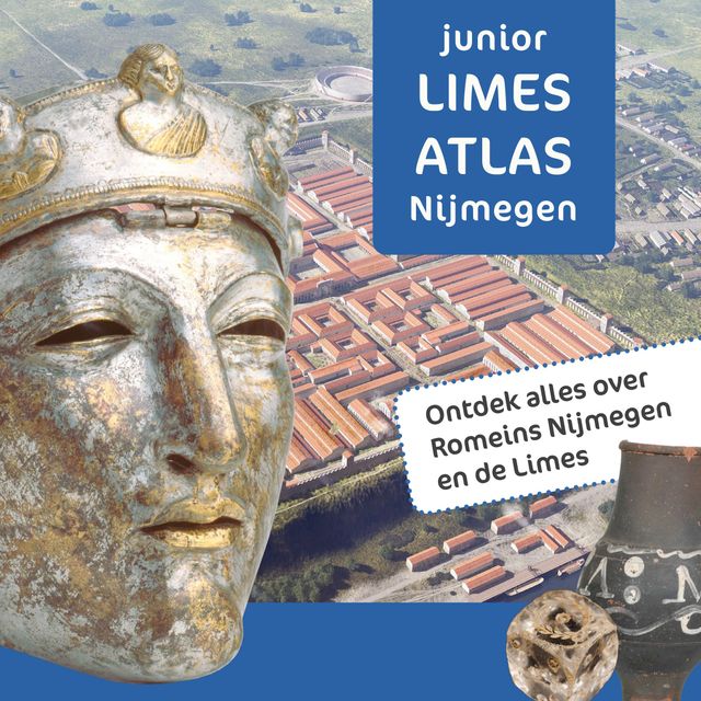 Voorkant van de Junior Limes Atlas, met masker, impressie van Nijmegen en tekst