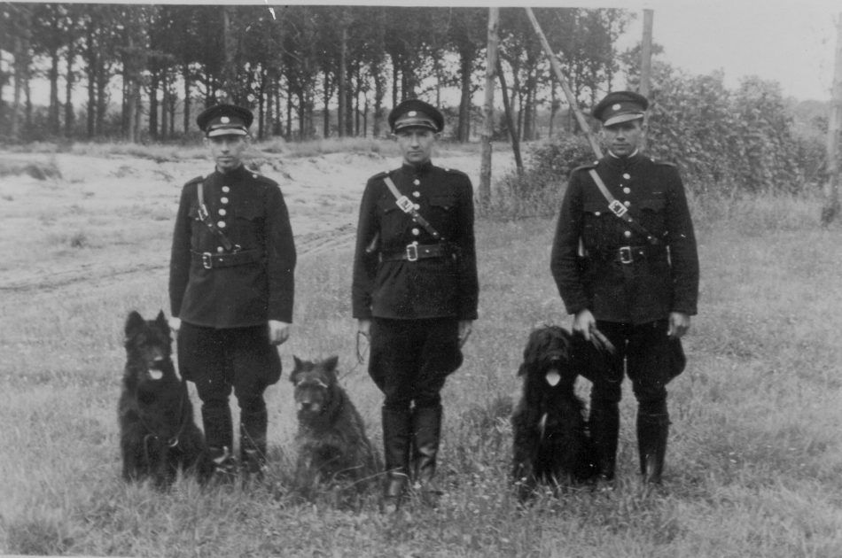 Mannen in uniform met een hond aan hun zijde.