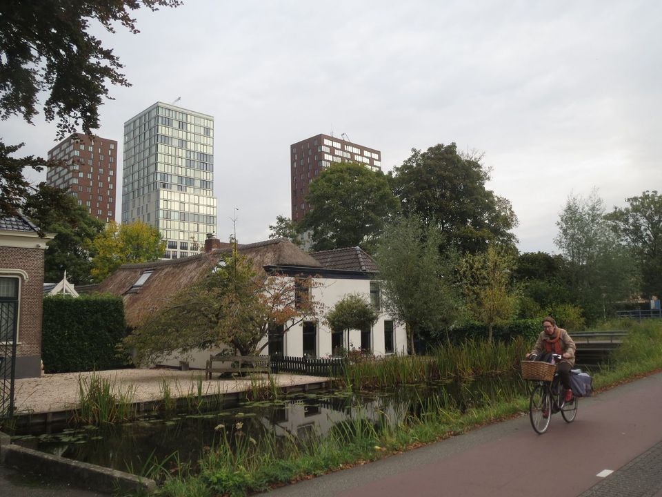 Foto van Zoetermeer met overloop van oudere woningen naar het nieuwe stadscentrum op de achtergrond.