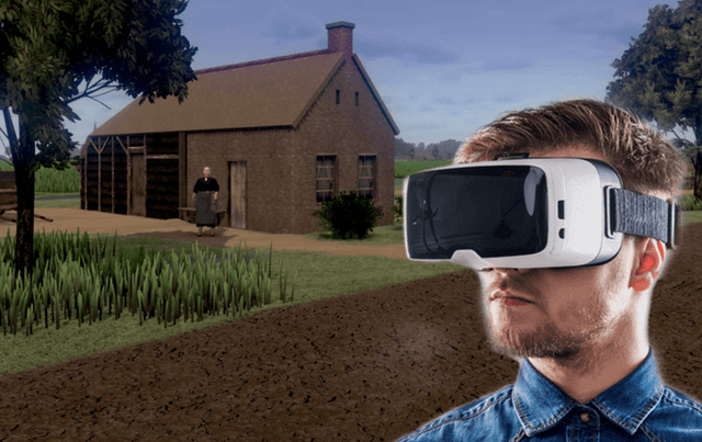 Een jongen draagt een virtual reality bril, op de achtergrond staat een afbeelding van de Koloniën.