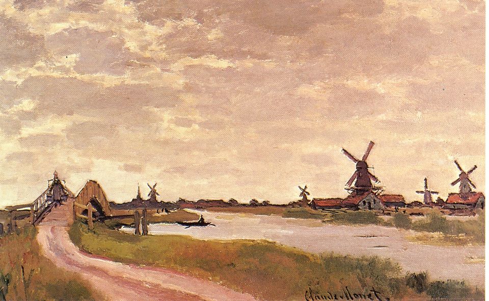 Een schilderij van molens van Claude Monet