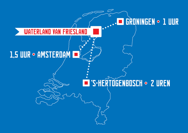 Een afbeelding met de afstanden van Den Bosch, Amsterdam en Groningen tot Waterland van Friesland.
