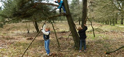 Kinderen spelen met takken in het bos