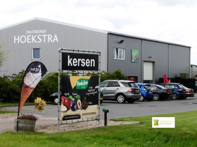 De voorgevel van Fruitbedrijf Hoekstra, een groot gebouw waar auto's voorstaan. Vooraan staat een bord met de tekst 'kersen' erop. In Luttelgeest in de Noordoostpolder