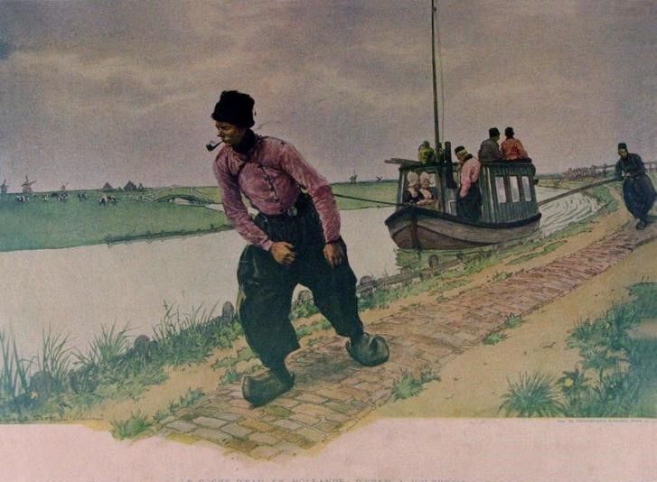 Een schilderij van een man die een trekschuit voortrekt