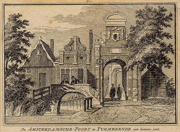 Een 18e-eeuwse prent van de Amsterdamsche Poort in Purmerend.