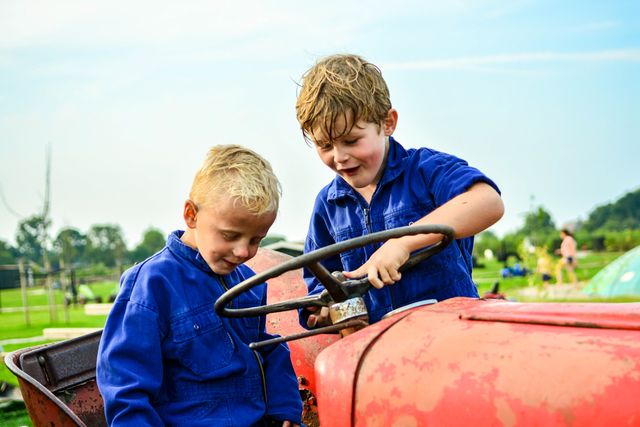 Twee jongetjes in blauwe overalls op een tractor.