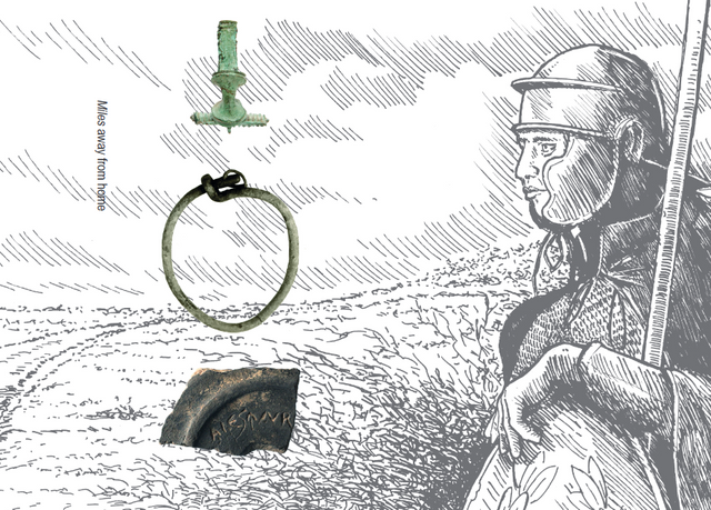 Tekening van een soldaat, met enkele archeologische vondsten ernaast afgebeeld.
