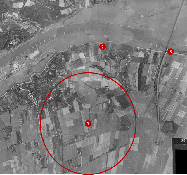Luchtfoto Driel uit 1944:  (1) De landingsterreinen (2) Route locatie, (3) De spoorbrug en spoordijk
