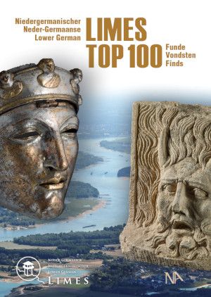 Omslag van het boek Neder-Germaanse Limes. Top 100 Vondsten, met een masker en een relief van de riviergoed Rhenus Bicornis