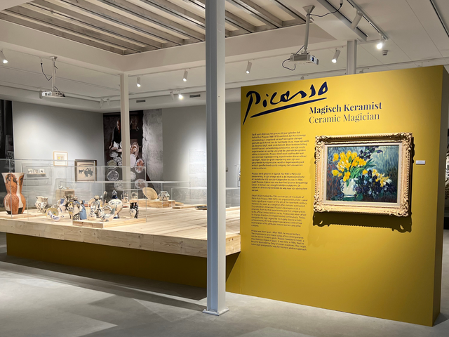 Binnen bij het Royal Delft museum kijkend naar de tentoonstelling van Picasso