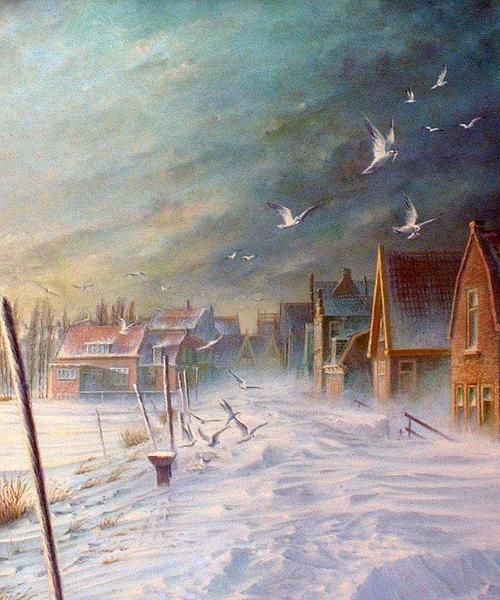 Een schilderij van het sneeuwachtige Noordeinde in Volendam