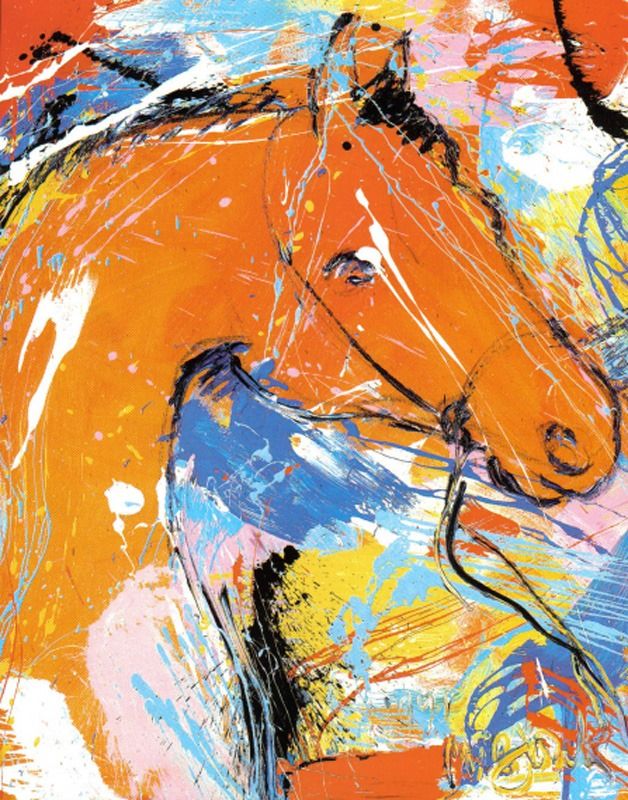 Kleurrijk schilderij van een paard in Museum en Beeldentuin Nic Jonk.