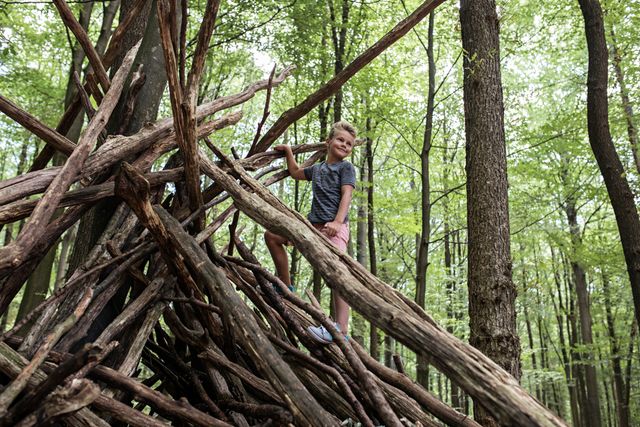 Een jongetje speelt in het bos en is op stapel takken geklommen.