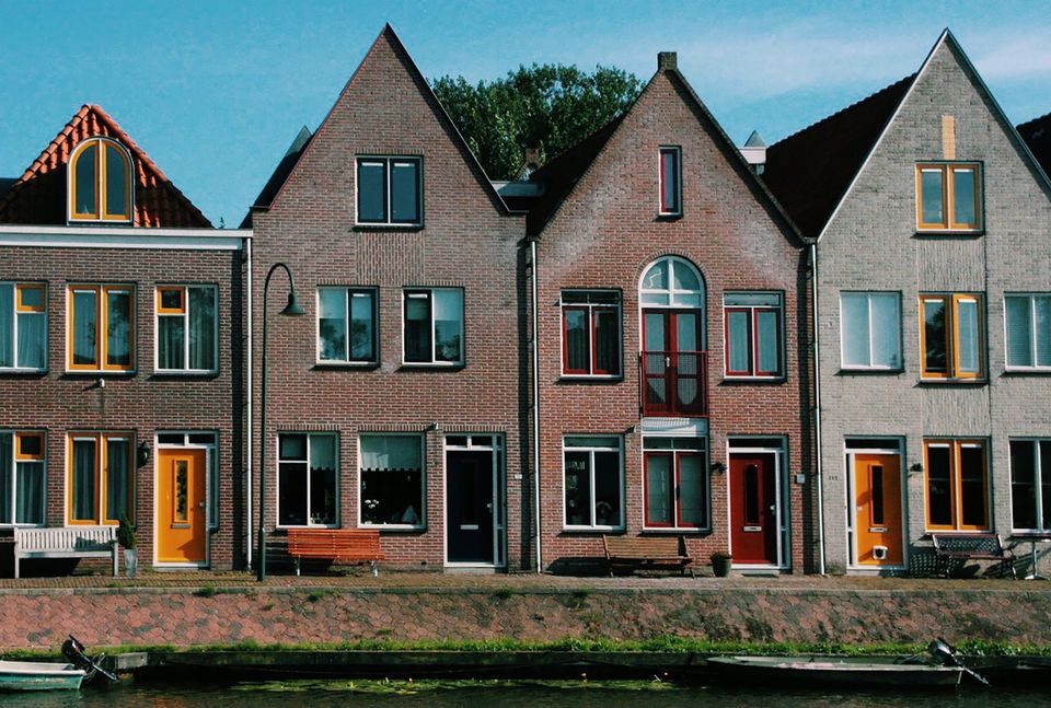 Dutch houses along a canal.