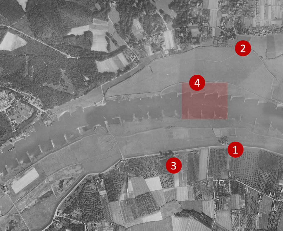 Aerial photograph of Driel from 1944: (1) Company headquarters, (2)Old Church in Oosterbeek, (3) Farmhouse de Nevel, (4) Rhine river and crossing area.