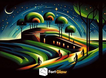 Een getekende afbeelding van een fort in het donker, omgeven door gekleurde lichtstralen. Onderaan staat het woord 'Fortglow'.