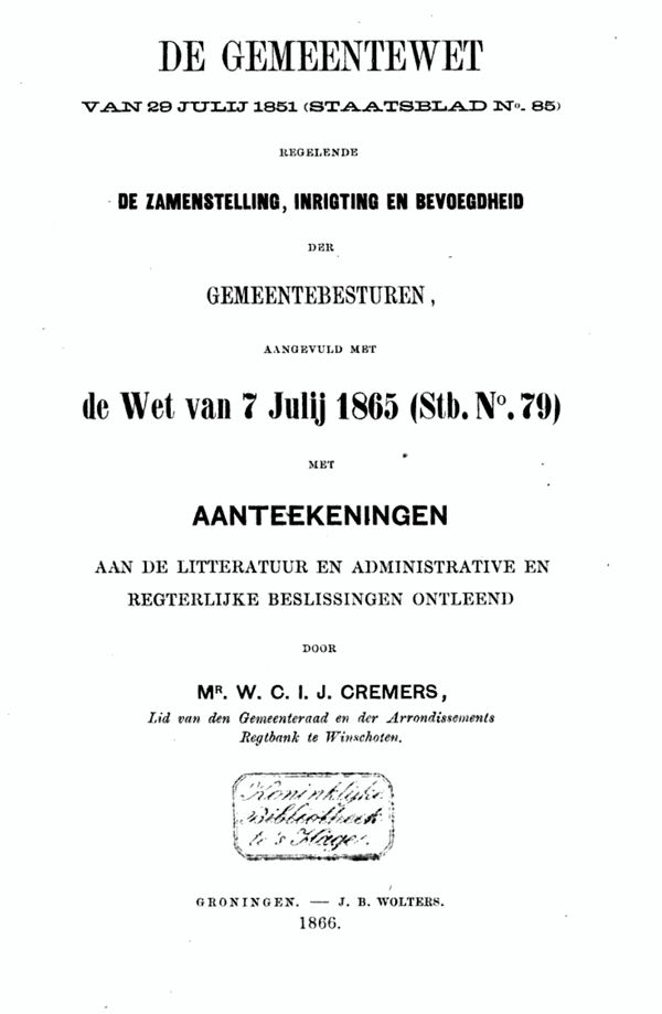 titelblad gemeentewet 1851 editie 1866