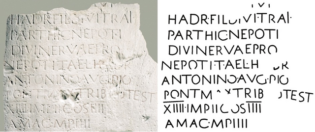 Tekst op de mijlpaal van Antoninus Pius, met daarop de afstand (IIII mijl) naar de stad Voorburg (MAC).