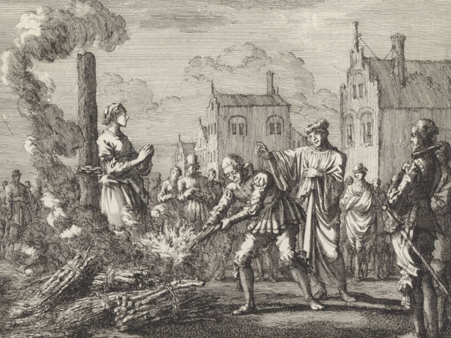Verbranding van een vrouw op een brandstapel. Jan Luyken, 1701 (Rijksmuseum)