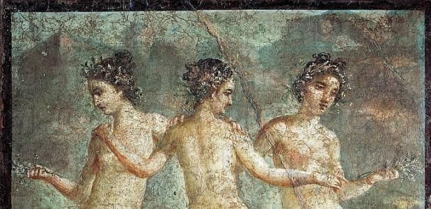 De drie Gratiën op een fresco uit Pompeii.