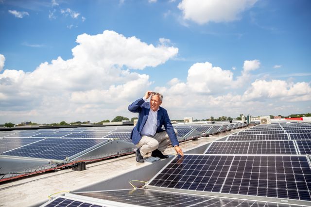 Foto van Ronald van Riet die op het dak staat waar zonnepanelen op liggen.