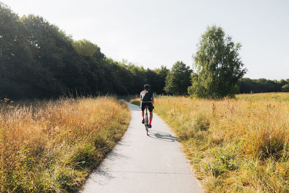 Een wielrenner fietst door de natuur in Drenthe.
