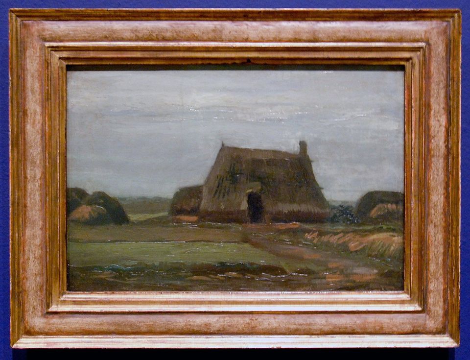 Schilderij dat Vincent van Gogh maakte en dat 'Boerderij met turfhopen' heet. Uit onderzoek is gebleken dat het gaat om een veenboerderijtje van rietdekker Geert Welink die eerst in Schoonebeek woonde.
