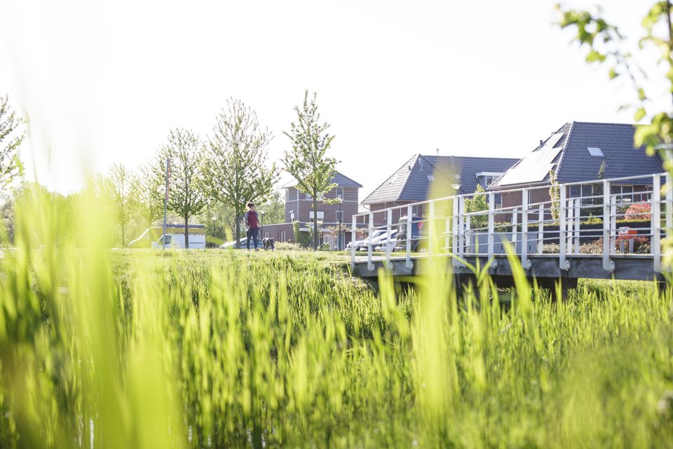 Woningen in de natuur met brug in Lelystad, Flevoland