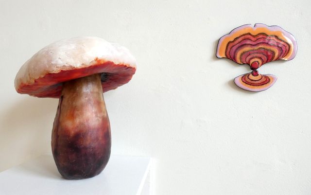 Zonder titel (paddenstoel) gemaakt van was door Miriam Knibbeler en 'Elfenbankje" emaille op koper van Geertje Geertsma.