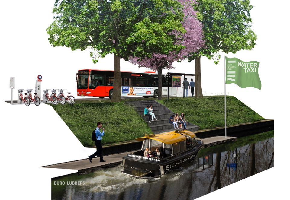 Tekening om een impressie te geven van de watertaxi bij Zuid-Willemspark. Op de tekening zijn OV-fietsen, een OV-bus, een boot en mensen te zien.