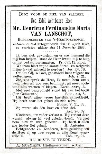 bidprentje voor Henricus van Lanschot overleden 11 december 1883