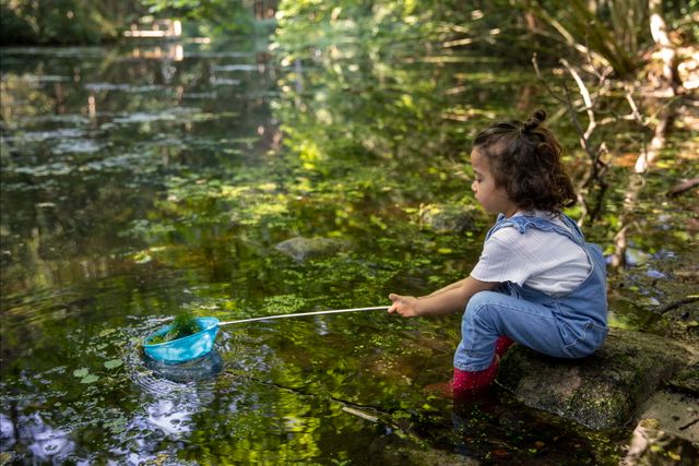 Een klein meisje probeert met een schepnetje kikkervisjes te vangen.