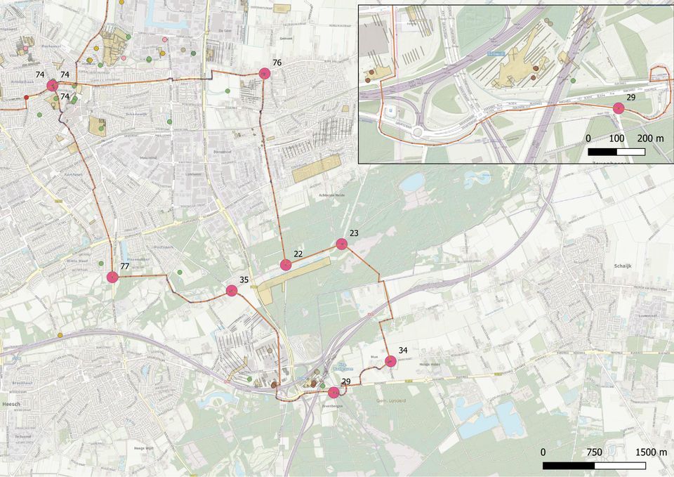 Deze plattegrond toont de knooppunten van de archeologische fietsroute Oss Zuid