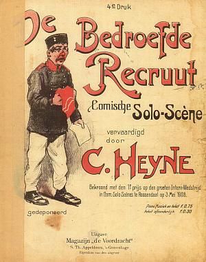 Voorpagina van de gedrukte voordracht van Kees’ act ‘De Bedroefde Recruut waarmee hij ook de eerste prijs van de internationale wedstrijd van komische soloscenes won. Ca 1908.