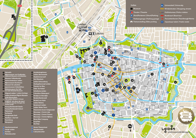 De officiële stadsplattegrond van Leiden. Ook gratis op te halen bij VVV Leiden.
