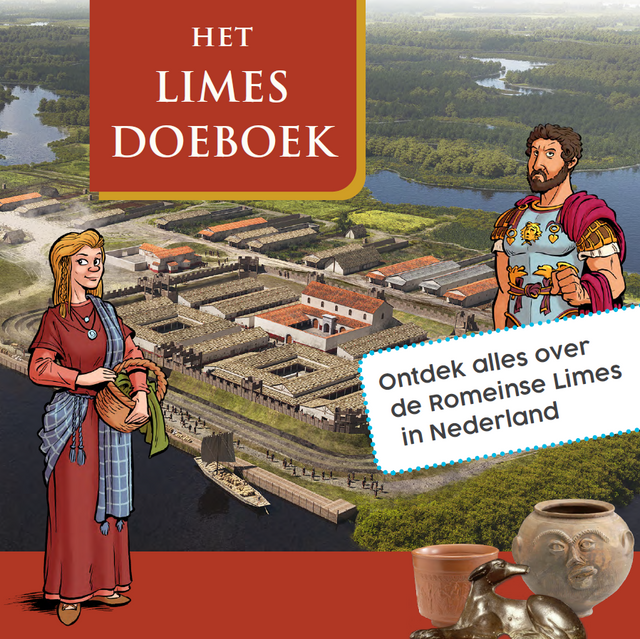Omslag van het Limes Doeboek, met twee stripfiguurtjes, enige voorwerpen en een impressie van het fort bij Valkenburg