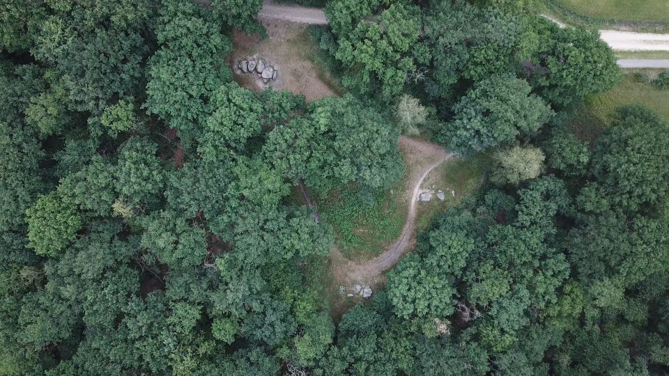 Foto vanuit de lucht genomen van een natuurgebied met bos en hunebedden.