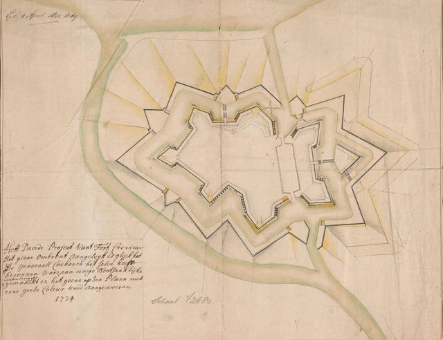Plattegrond van plannen voor het fort Crèvecoeur uit 1734. Dit voorstel zou 225.000 gulden kosten.