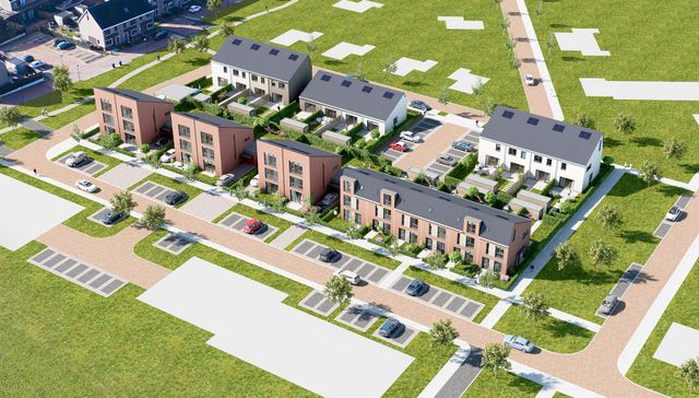 Overzicht van nieuwbouw met groen en parkeerplaatsen bij Wonen op  Nivo in Flevoland