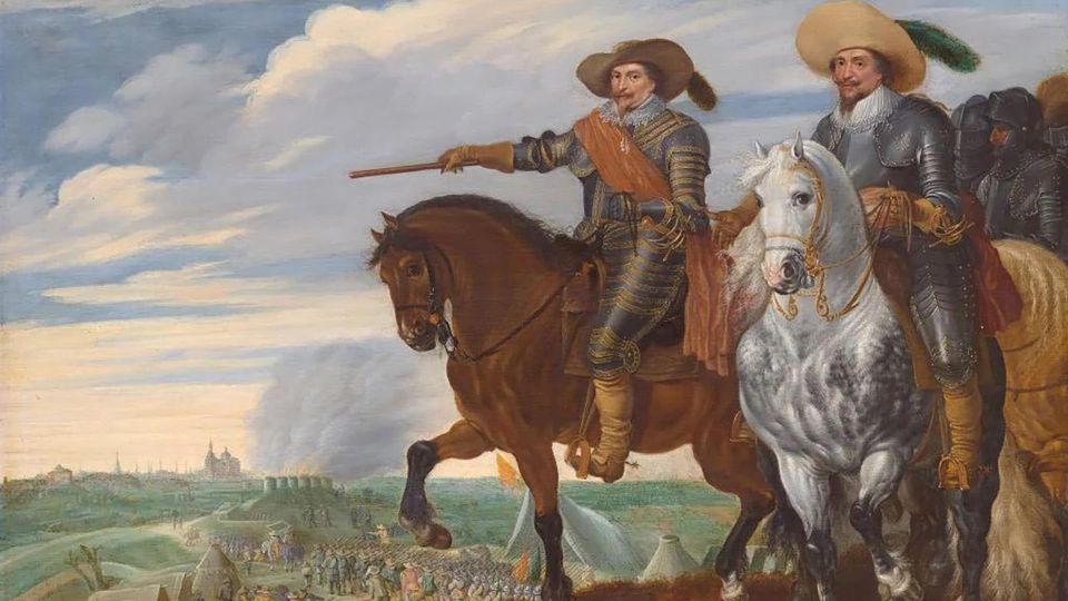 Schilderij van twee mannen gewapend te paard