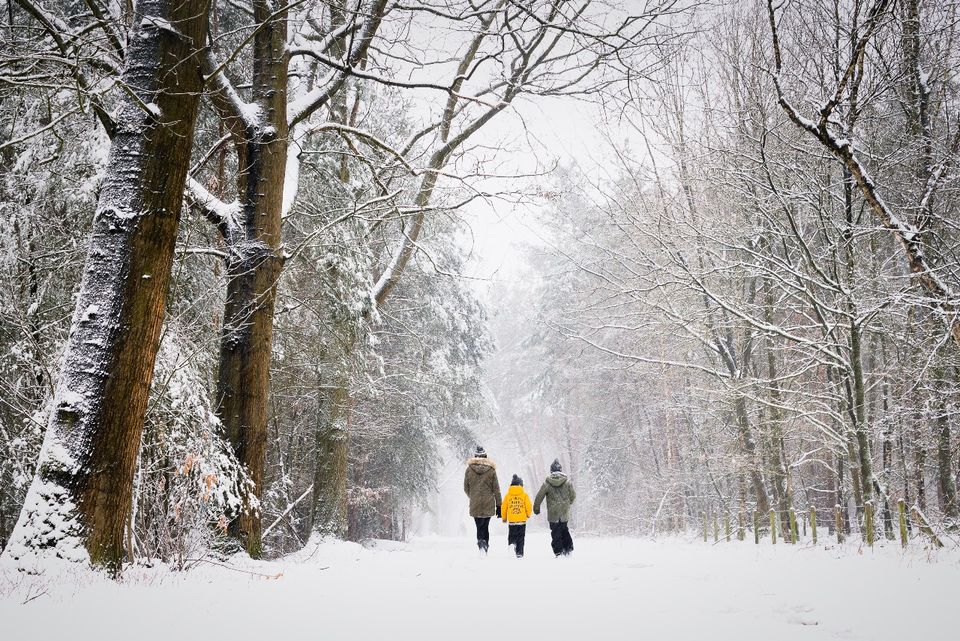 Moeder met twee kinderen wandelend door een sneeuwlandschap