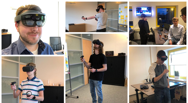 Een collage waarin verschillende mensen de VR bril uittesten