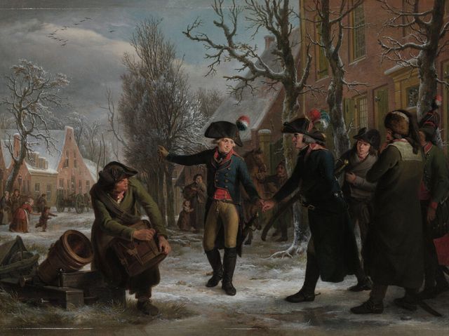 Schilderij waarop een oudere man in een uniform andere mannen rondleidt door een stad