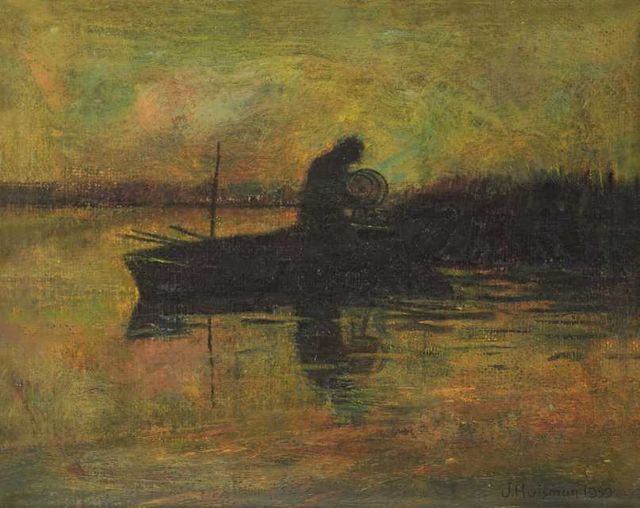 een schilderij van een man in een bootje op het water gemaakt door jopie huisman